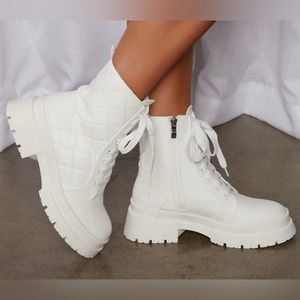 Fashion Nova White Oh You Heart Quilted Combat Boots - Size 6 1/2